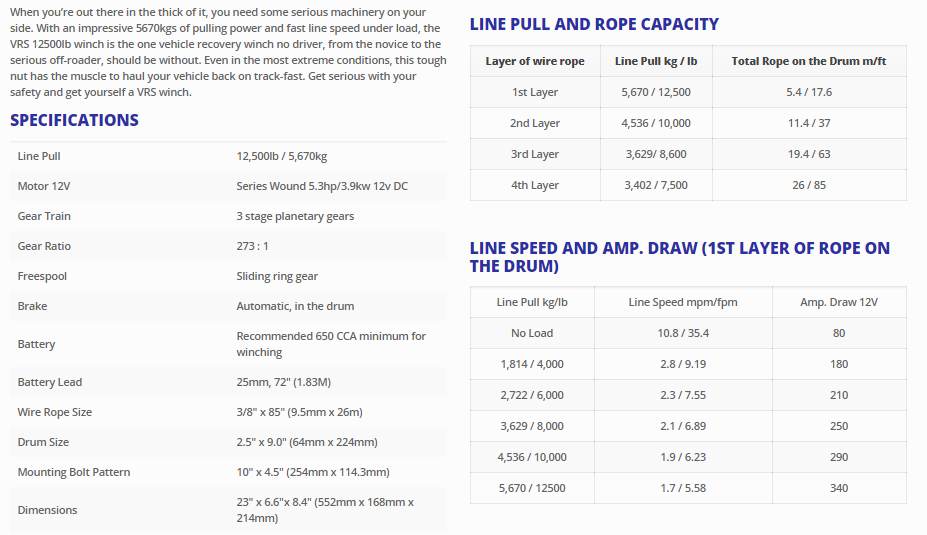 V12500 VRS WINCH WITH STEEL CABLE - AUSTRALIAN DESIGN - 12500 LB (5670KGS) SINGLE LINE
