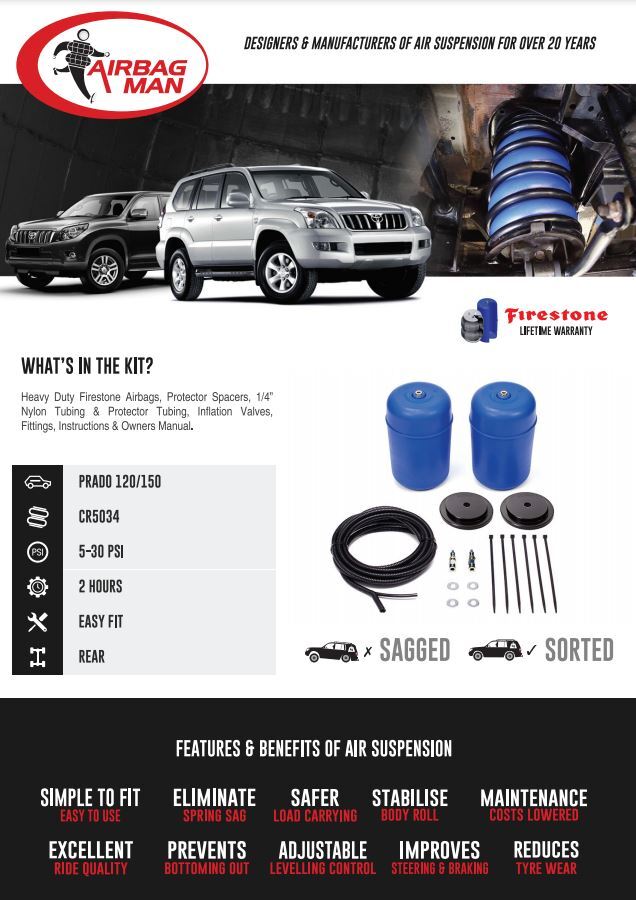 AIRBAG MAN COIL-RITE AIR SUSPENSION TO SUIT TOYOTA PRADO 120,150 + LANDCRUISER 80 SERIES + HILUX SURF + FJ CRUISER