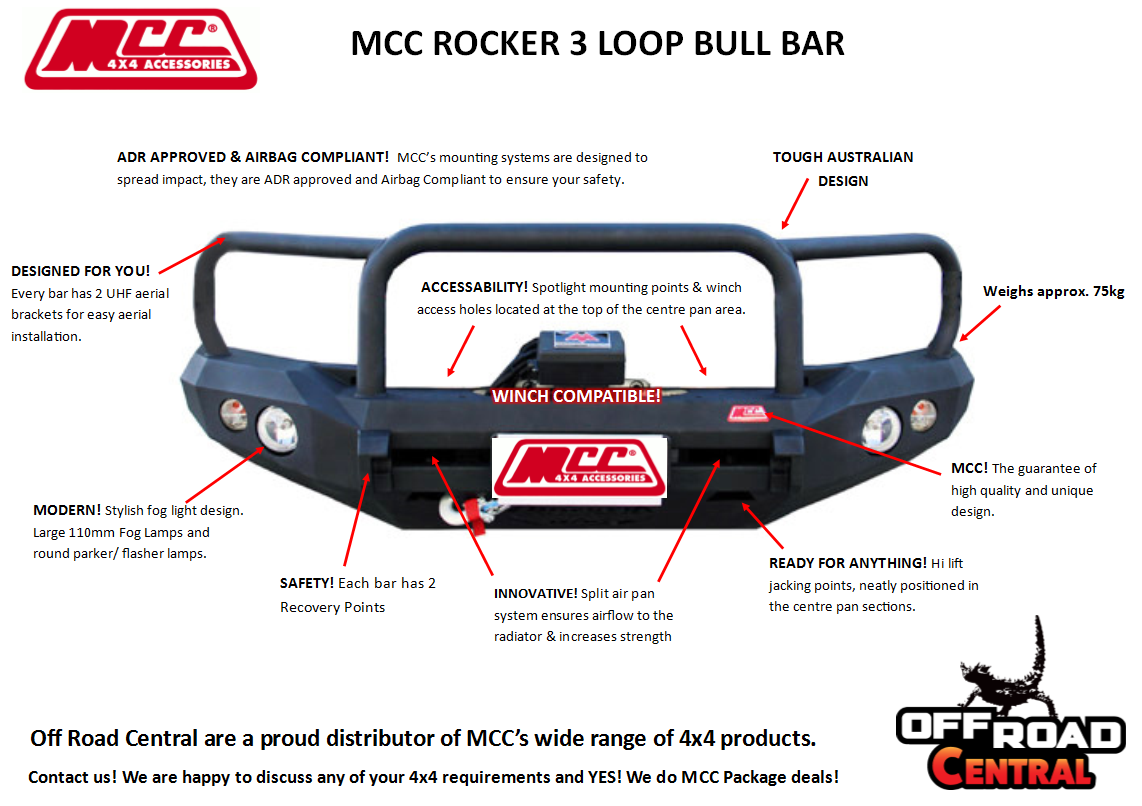 MCC ROCKER 3 LOOP SANDBLACK WELDED BULL BAR TO SUIT ISUZU D-MAX 2012-16