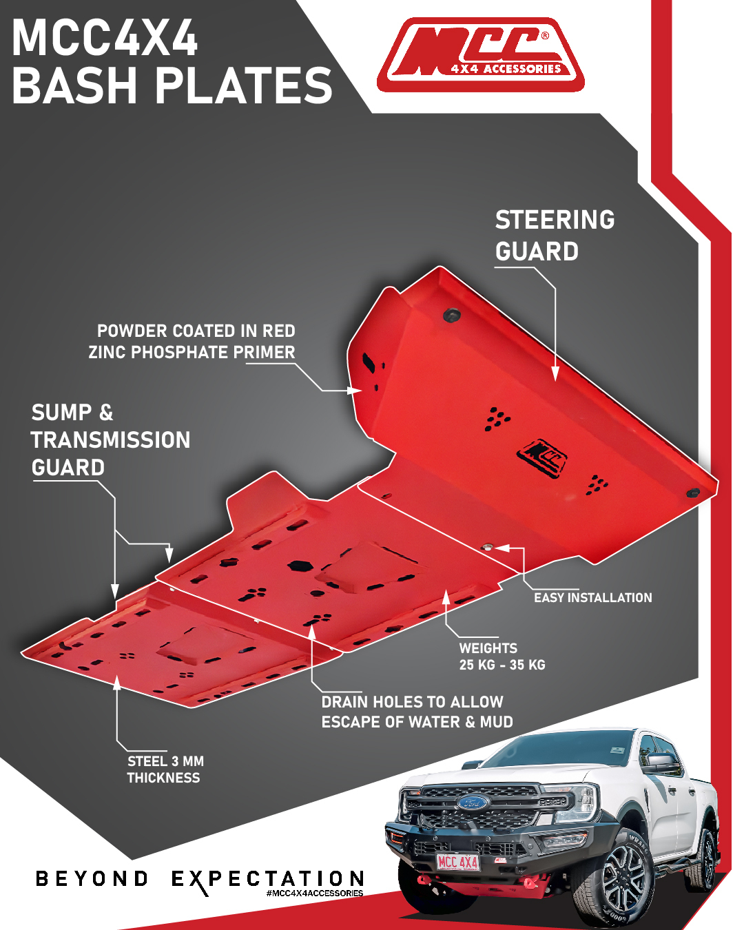 MCC 4X4 UNDERBODY BASH PLATE (3 PCE) TO SUIT TOYOTA PRADO 150 SERIES (2017-ON)