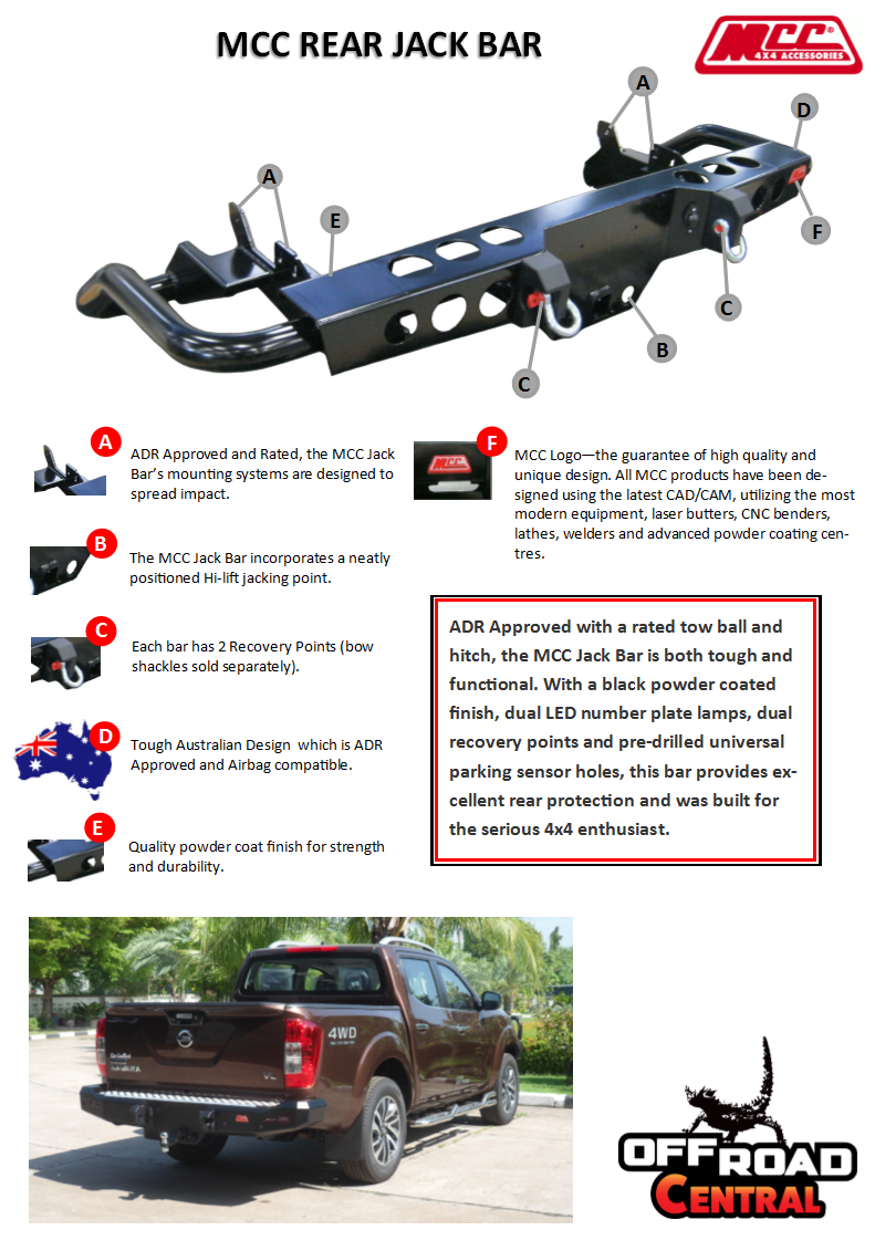 MCC REAR JACK BAR (STANDARD) TO SUIT HOLDEN RG MKII COLORADO & ISUZU D-MAX